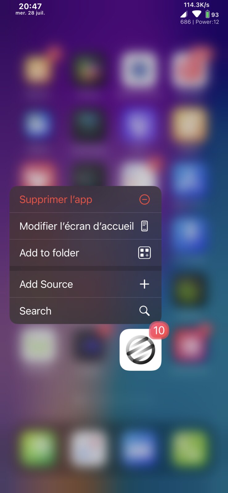 AddToFolder action in an app icon menu
